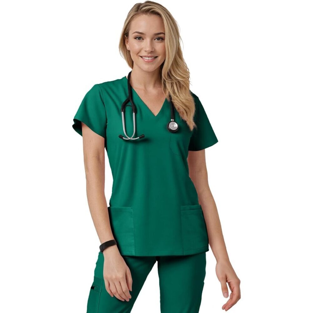 Women’s Scrub Top V-Neck Four Pockets Soft Stretch Fabric Medical Uniform
